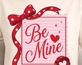 Coquette Valentine Postage Stamp SVG PNG, Be Mine Heart Bow Design, Preppy Retro Valentines Day Shirt Cut File