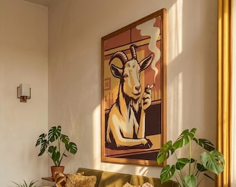 Vintage Poster Art Black Goat Smoking a Cigarette Retro Whimsical Print Funny Animal Wall Decor Poster for Bar Cart Quirky Kitchen Wall Art