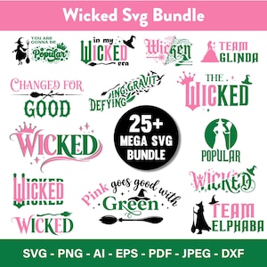 Op de afbeelding: Een verzameling SVG-ontwerpen met een heksenthema, met tekst als "Wicked", "Popular" en "Defying Gravity". De ontwerpen zijn in roze en groen, met heksensilhouetten en bezemgraphics. De bundel bevat meer dan 25 ontwerpen.