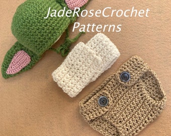 Baby Yoda Inspired Photo Prop Set Crochet Pattern, Up to 1 Year, Baby Yoda Infant Hat, Baby Yoda Infant Scarf, Baby Yoda Diaper Cover,PDF411