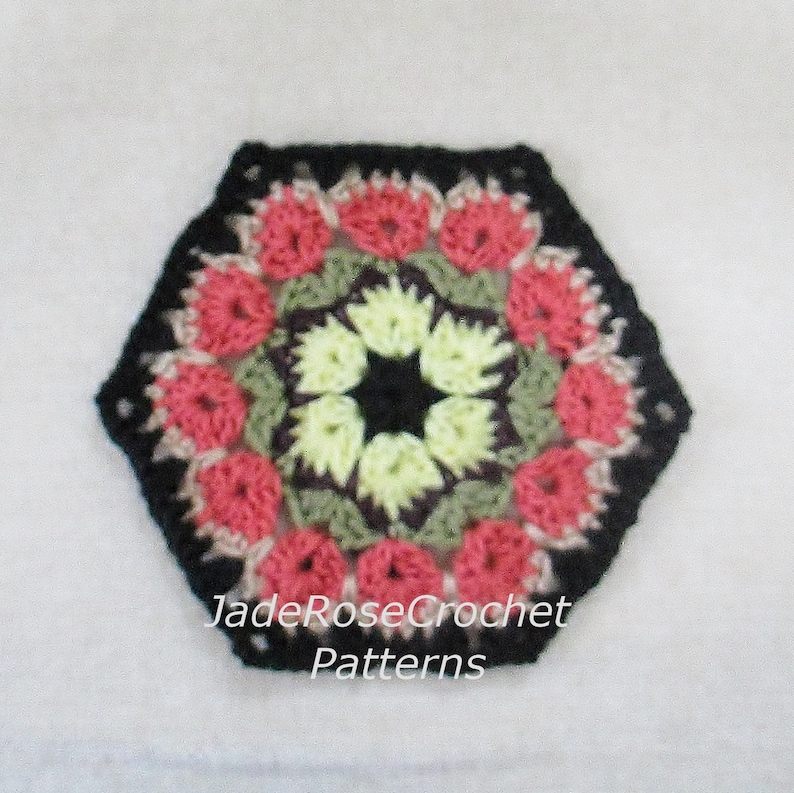 Crochet Pattern, Hexagon, Afghan Block, or Trivet, African Flower, Flore Pleno in full blossom PDF801 image 5