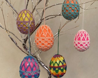 Hanging Easter Egg Ornaments, Set of 6, Easter Ornaments, Tree Ornaments, Hanging Eggs, Crochet Lace Egg Ornaments, Free US Shipping