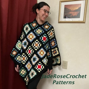 May include: Black crochet poncho with colorful square patterns. The poncho features a repeating floral design in shades of red, blue, yellow, and green. The text "JadeRoseCrochet Patterns" is visible in the lower right corner.