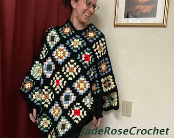 Granny Square Crochet Poncho Pattern, Asymmetrical Design (PDF Pattern 2122)