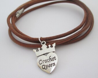 Crochet Queen Wrap Bracelet, Crochet Charm Bracelet,  Leather Wrap Bracelet, Free US Shipping, Gift for Crocheter, Gift for her
