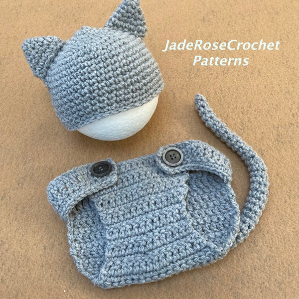 Cat Hat and Diaper Cover, Baby Cat Crochet Pattern, Newborn to 9 months, Newborn Photo Prop, Cat Infant Hat, Diaper Cover, PDF414