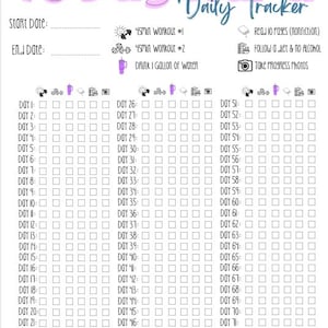 May include: A white 75 Day Hard Daily Tracker. The tracker includes sections for start and end dates, daily tasks like workouts, reading, and water intake, and a space to take progress photos. Each day has a checklist.