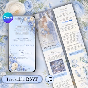 Può includere: Un set di inviti di nozze digitali con accenti floreali blu chiaro e bianchi. Il display mobile mostra testo tra cui YOU'RE Cordially INVITED, MARIA and JONAS, e August 22, 2026. Una scheda verticale mostra una coppia, un timer per il conto alla rovescia e i dettagli della location Aurelia Estate.