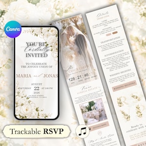 Digital Wedding Invitation white floral with RSVP, Music, Editable Animated Template, Response Tracking & Wedding Invitation Countdown