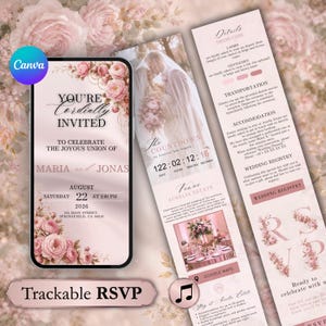 Könnte beinhalten: Ein digitales Hochzeitseinladungs-Set mit einem Smartphone-Display und zwei vertikalen Karten mit zartrosa Blumenakzenten. Der Text enthält "You're Cordially Invited", "Maria and Jonas", "August 22, 2026" sowie "Trackable RSVP" Details.