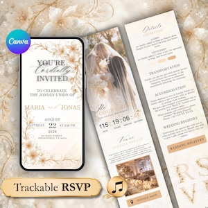 Könnte beinhalten: Ein digitales Hochzeitseinladungs-Set mit einem Smartphone-Display und zwei vertikalen Karten mit beigen Blumenakzenten. Der Text enthält "You're Cordially Invited", "Maria and Jonas", "August 22, 2026", "Details" und "Trackable RSVP".