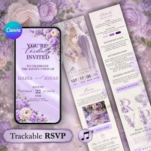 Op de afbeelding: Een digitale trouwuitnodigingsset met een lavendelkleurig en wit bloementhema. Het ontwerp bevat een mobiele telefoon met uitnodigingsdetails voor Maria en Jonas, naast een verticale kaart met een aftelklok, locatie en RSVP-informatie.