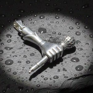 Stainless Steel Hand Holding Microphone Pendant Necklace, Music Lover Rapper Singer Charm, Statement Jewelry