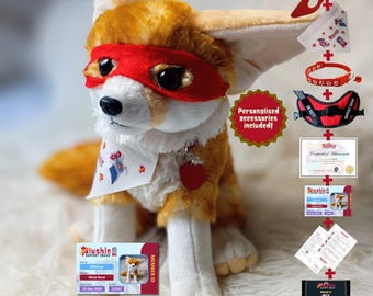 Spersonalizowany pluszowy lisek wspierający emocjonalnie z personalizowaną bandaną, szelkami, dowodem osobistym, certyfikatem i akcesoriami, wyjątkowy prezent ESSA na lęki
