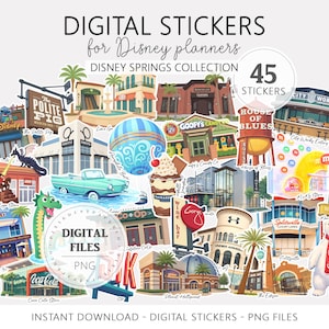 May include: A collection of digital stickers for Disney planners, featuring illustrations of Disney Springs locations. The stickers include various buildings, landmarks, and icons, with the text "45 Stickers" and "Digital Files PNG".