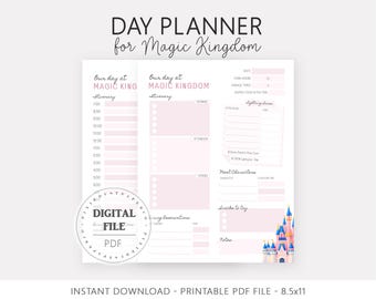 Planificador imprimible para Disney World, viaje mágico en familia, guía de vacaciones en WDW, itinerario de un día en Magic Kingdom.
