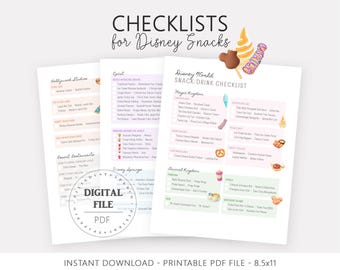 Listas de verificación imprimibles para planificar refrigerios en Disney World, un viaje mágico, una guía de vacaciones en WDW y listas de verificación de refrigerios y bebidas para la planificación de viajes a Disney.