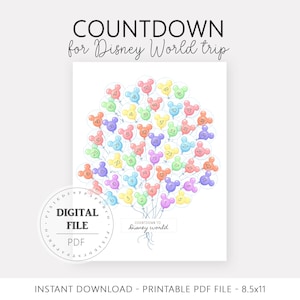 Könnte beinhalten: Eine druckbare PDF-Datei mit einem Countdown für eine Disney World-Reise. Das Design zeigt eine Ansammlung farbenfroher Mickey Mouse-förmiger Ballons, die jeweils nummeriert sind. Der Text "COUNTDOWN for Disney World trip" steht oben. Dateigröße: 8,5x11 Zoll.