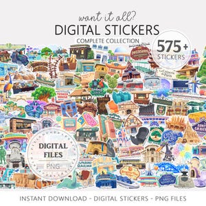 Op de afbeelding: Een verzameling digitale stickers met illustraties van gebouwen en attracties. De afbeelding bevat de tekst "want it all? DIGITAL STICKERS COMPLETE COLLECTION" en "575+ STICKERS". De stickers zijn beschikbaar als PNG-bestanden.