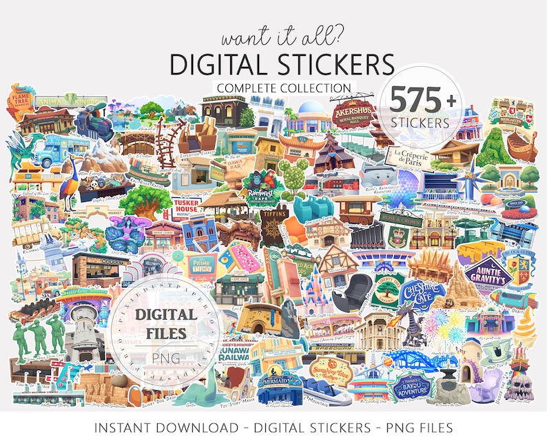 Op de afbeelding: Een verzameling digitale stickers met illustraties van gebouwen en attracties. De afbeelding bevat de tekst "want it all? DIGITAL STICKERS COMPLETE COLLECTION" en "575+ STICKERS". De stickers zijn beschikbaar als PNG-bestanden.