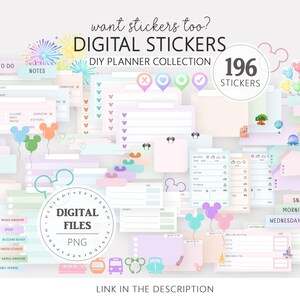 Pu&ograve; includere: Una collezione di adesivi digitali per planner fai-da-te. L'immagine presenta vari elementi di pianificazione dai colori pastello, tra cui liste di cose da fare, note e tracker meteo. Gli adesivi hanno un tema stravagante, con palloncini a forma di Mickey Mouse e altri elementi decorativi. Il testo dice "DIGITAL STICKERS".