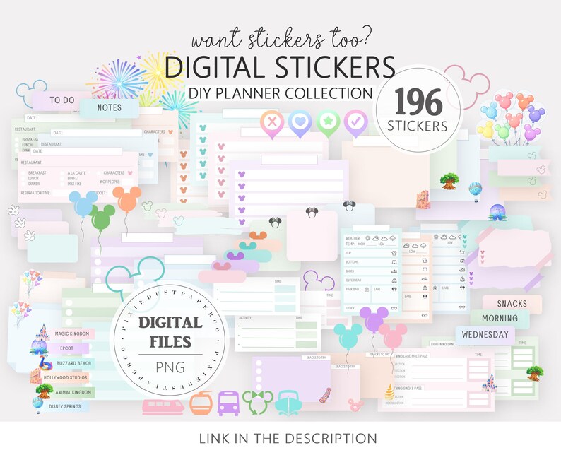 Pu&ograve; includere: Una collezione di adesivi digitali per planner fai-da-te. L'immagine presenta vari elementi di pianificazione dai colori pastello, tra cui liste di cose da fare, note e tracker meteo. Gli adesivi hanno un tema stravagante, con palloncini a forma di Mickey Mouse e altri elementi decorativi. Il testo dice "DIGITAL STICKERS".
