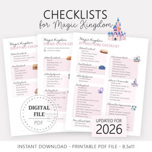 May include: Printable checklists for Magic Kingdom, covering shopping, dining, and attractions. The pink PDF files include lists for Adventureland, Frontierland, Fantasyland, and more. The text reads "UPDATED FOR 2026" and "DIGITAL FILE PDF". The size is 21.6 x 27.9 cm.