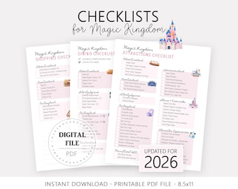 Printable Planner Checklists for Disney World, Magical Trip, WDW Vacation Guide, Magic Kingdom Checklists for Attractions, Dining, Shopping