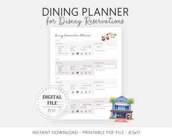 Planificador de comidas imprimible para Disney World, planificación de un viaje mágico en familia, hoja informativa de reservas de restaurantes para vacaciones familiares en Disney.