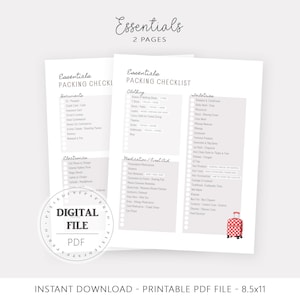 May include: Two-page printable packing checklist titled "Essentials." The checklist includes sections for documents, clothing, toiletries, electronics, and medication. A small red suitcase with white polka dots is in the lower right corner. The file is a digital PDF.