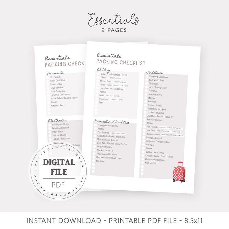 May include: Two-page printable packing checklist titled "Essentials." The checklist includes sections for documents, clothing, toiletries, electronics, and medication. A small red suitcase with white polka dots is in the lower right corner. The file is a digital PDF.