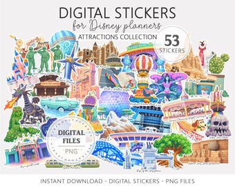 Paquete de pegatinas digitales de atracciones para planificadores de vacaciones, iconos PNG de parques temáticos de ratones, pegatinas digitales PNG para agentes de viajes mágicos.