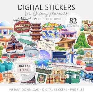 Könnte beinhalten: Eine Sammlung digitaler Sticker für Disney-Planer mit verschiedenen EPCOT-Attraktionen. Die Sticker zeigen unter anderem Akershus Royal Banquet Hall, La Crêperie de Paris und Spaceship Earth. Der Text "DIGITAL STICKERS" und "EPCOT COLLECTION" ist enthalten.