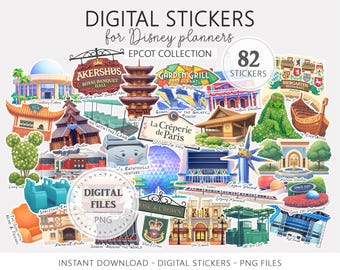 Paquete de pegatinas digitales para planificadores de vacaciones mágicas, imágenes prediseñadas de iconos de Epcot, pegatinas digitales PNG para agentes de viajes Mouse