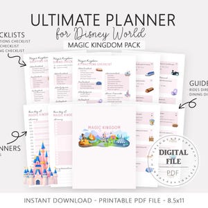 Pu&ograve; includere: Una raccolta di pagine di pianificazione stampabili per il Magic Kingdom di Disney World. Include liste di controllo, pianificatori giornalieri e guide. Il file digitale misura 21,59 cm x 27,94 cm.