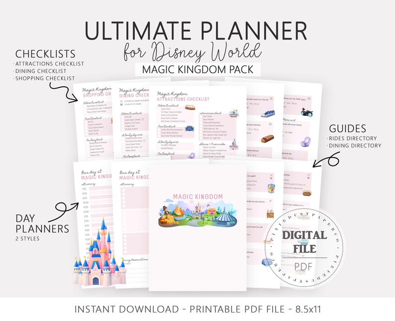 Pu&ograve; includere: Una raccolta di pagine di pianificazione stampabili per il Magic Kingdom di Disney World. Include liste di controllo, pianificatori giornalieri e guide. Il file digitale misura 21,59 cm x 27,94 cm.