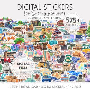 Puede incluir: Una colección de pegatinas digitales para planificadores de Disney. La imagen presenta una variedad de archivos PNG coloridos con ilustraciones de atracciones, personajes y alimentos de los parques Disney. El texto incluye "Digital Stickers", "Complete Collection" y "575+ Stickers".