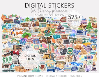 May include: A collection of digital stickers for Disney planners. The image features a variety of colorful PNG files with illustrations of Disney park attractions, characters, and food items. The text includes "Digital Stickers," "Complete Collection," and "575+ Stickers."