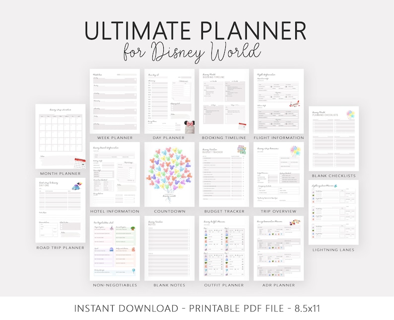 Pu&ograve; includere: Un pianificatore PDF stampabile per Disney World, con varie pagine di pianificazione come pianificatori mensili, settimanali e giornalieri, insieme a cronologie di prenotazione, tracker di budget e liste di controllo. Il pianificatore include una pagina di conto alla rovescia e un pianificatore di outfit.