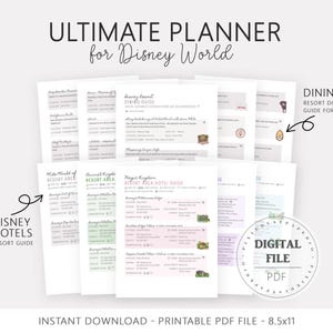 Pu&ograve; includere: Un insieme di pagine di pianificazione PDF stampabili per Disney World, tra cui guide ai resort e informazioni sui ristoranti. Le pagine sono bianche con testo nero e verde, con il testo "ULTIMATE PLANNER for Disney World". Il formato &egrave; 21,59 x 27,94 cm.