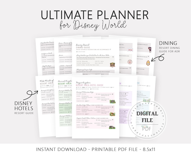 Pu&ograve; includere: Un insieme di pagine di pianificazione PDF stampabili per Disney World, tra cui guide ai resort e informazioni sui ristoranti. Le pagine sono bianche con testo nero e verde, con il testo "ULTIMATE PLANNER for Disney World". Il formato &egrave; 21,59 x 27,94 cm.