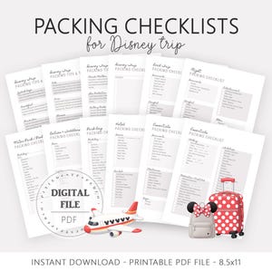 May include: Printable packing checklists for a Disney trip, featuring several white sheets with checklists. The image includes a red polka dot suitcase, a gray backpack with a Minnie Mouse bow, and a toy airplane. Text includes "PACKING CHECKLISTS for Disney trip".