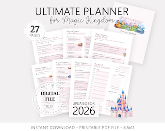 Planificador imprimible para Magic Kingdom, viaje mágico en familia a Disney World, guía de vacaciones de WDW, itinerario y listas de verificación para un día en Magic Kingdom.