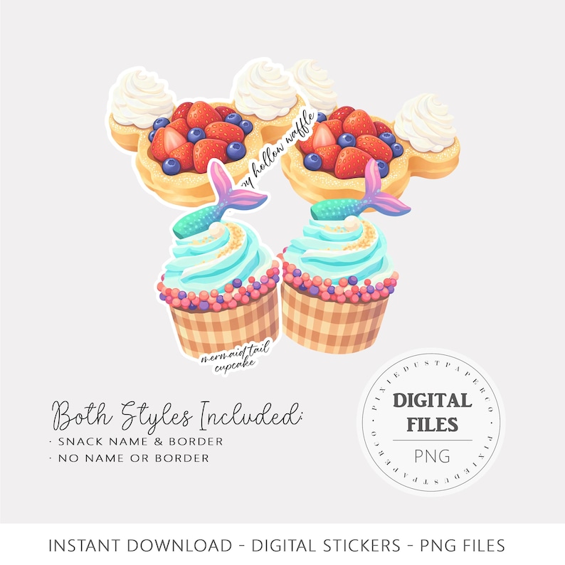 Op de afbeelding: Digitale stickers met twee zeemeermin-cupcakes en twee Mickey Mouse-vormige wafels belegd met aardbeien en bosbessen. De afbeelding bevat tekst met "mermaid tail cupcake" en "y hollow waffle". Beschikbaar als PNG-bestanden.