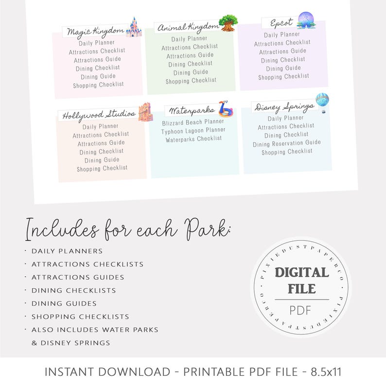 Pu&ograve; includere: Un file PDF stampabile con pianificatori di parchi per Magic Kingdom, Animal Kingdom, Epcot, Hollywood Studios, Waterparks e Disney Springs. Include pianificatori giornalieri, liste di controllo e guide. Formato 21,6 x 27,9 cm.