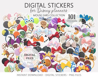 Paquete de pegatinas de orejas de ratón para planificadores de vacaciones en parques temáticos, iconos de orejas de ratón en formato PNG, pegatinas digitales PNG para agentes de viajes mágicos.