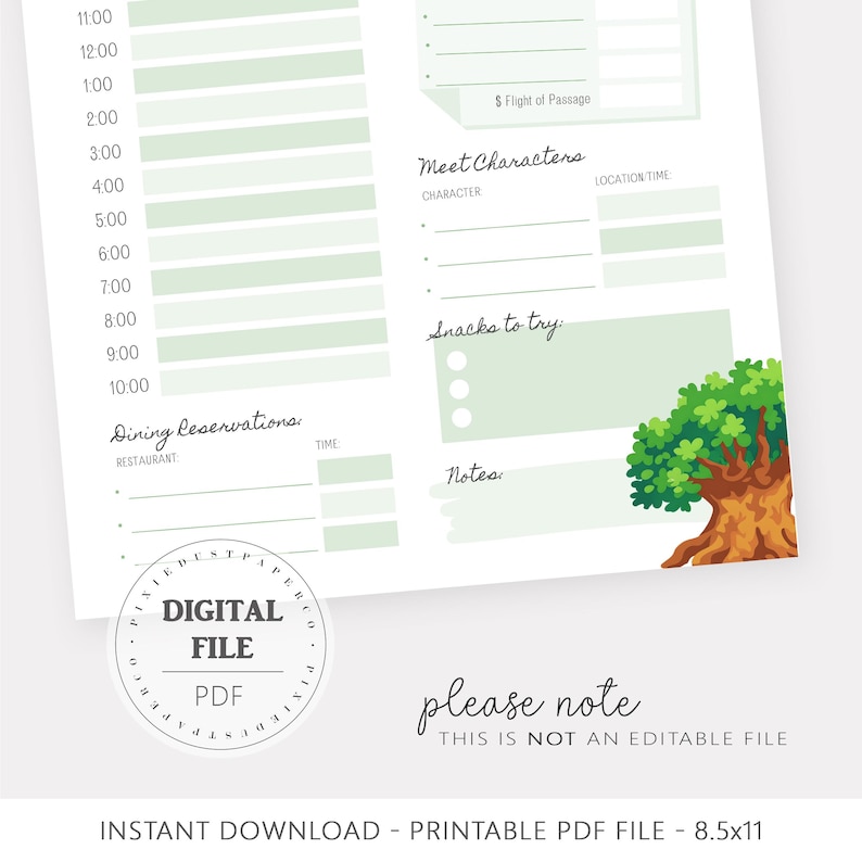 Pu&ograve; includere: Una pagina di pianificazione PDF stampabile con una combinazione di colori verde chiaro e bianco. La pagina include sezioni per fasce orarie, prenotazioni di ristoranti e note. Un'illustrazione di un albero &egrave; nell'angolo. Il testo include "DIGITAL FILE PDF" e "please note THIS IS NOT AN EDITABLE FILE".