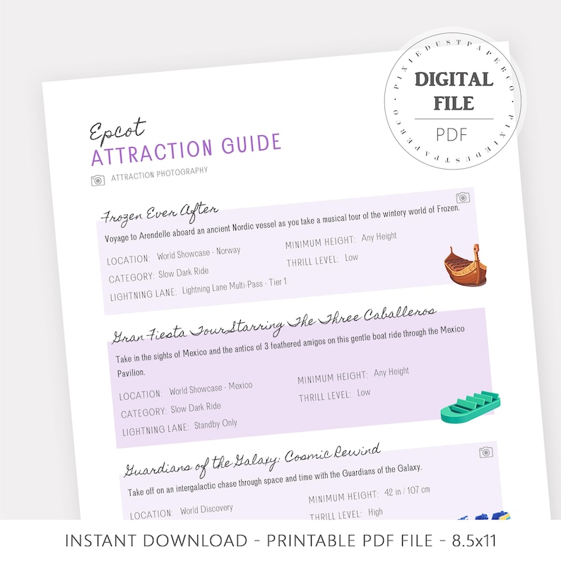 Pu&ograve; includere: Una guida PDF stampabile per le attrazioni di Epcot, con descrizioni delle giostre per Frozen Ever After, Gran Fiesta Tour Starring The Three Caballeros e Guardians of the Galaxy: Cosmic Rewind. Include requisiti di altezza e livelli di brivido. Il file &egrave; di 21,6 x 27,9 cm.
