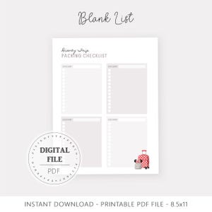 May include: A printable Disney Trip Packing Checklist with four category sections and a dotted list for each. The words "Blank List" are written in cursive at the top. A red polka dot suitcase with a Minnie Mouse head is in the corner.