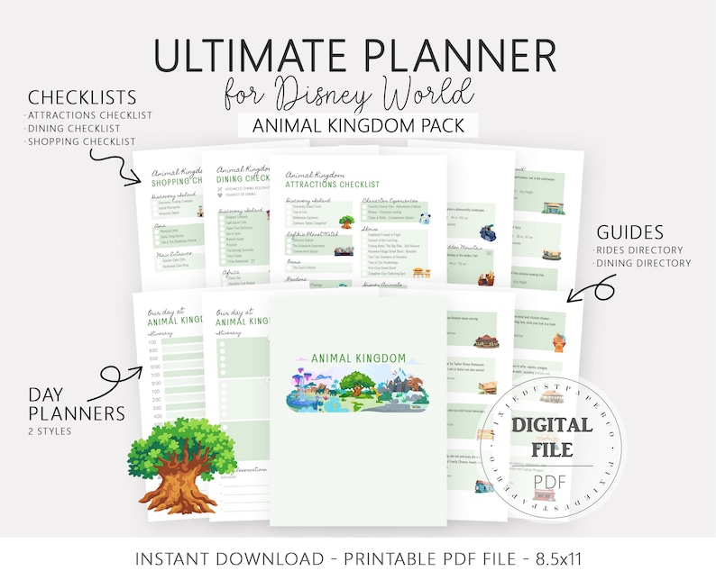 Pu&ograve; includere: Un pianificatore digitale stampabile per l'Animal Kingdom di Disney World. Il pianificatore include liste di controllo, pianificatori giornalieri e guide. La copertina presenta un'illustrazione colorata del parco Animal Kingdom. Formato 8,5x11 pollici.
